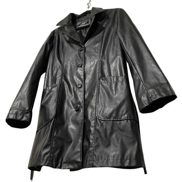 Marcelle Renee Classic Black Faux Leather Trench Coat Belted Jacket Medium M - Picture 7 of 14